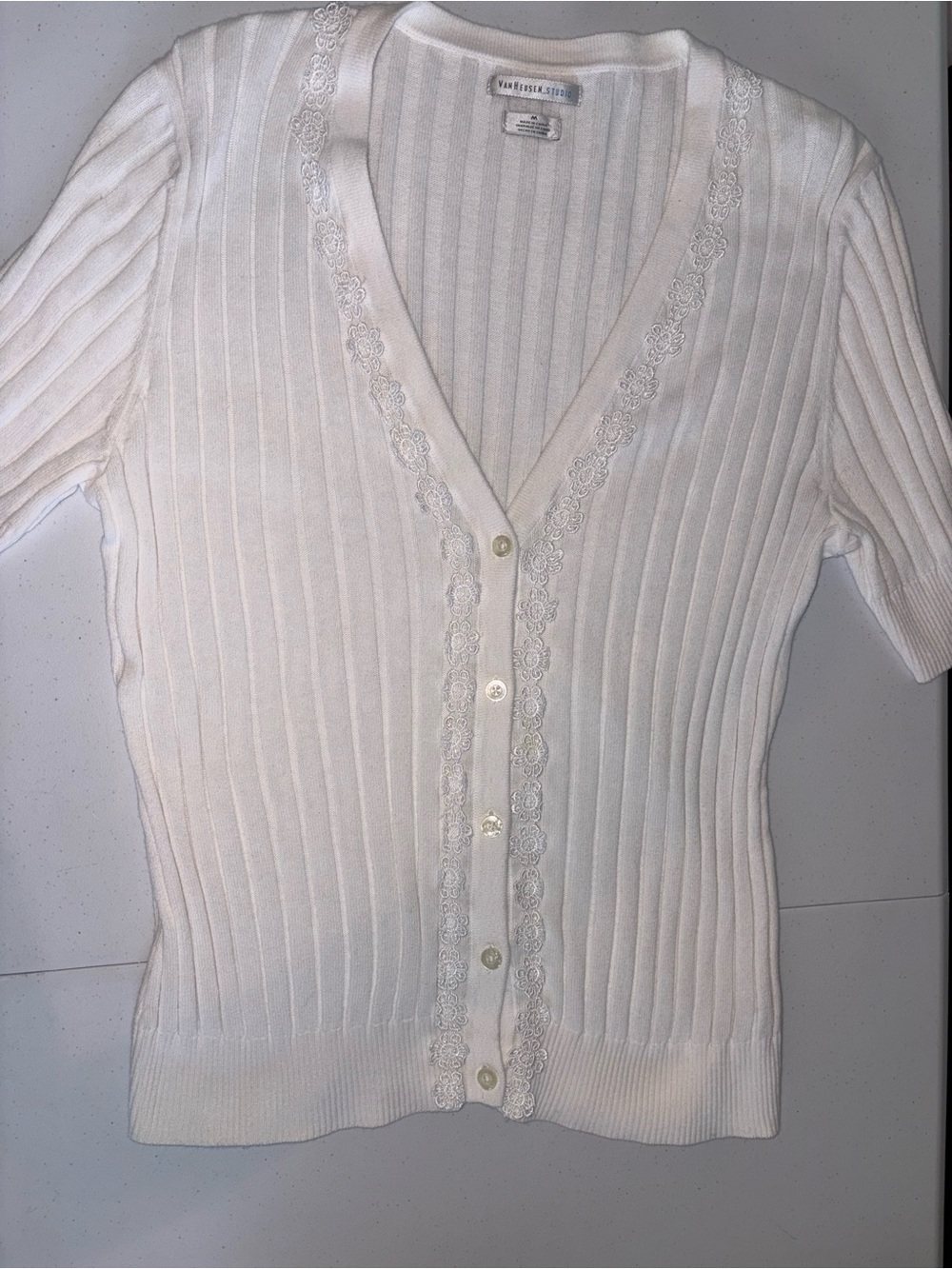 Van Heusen Cream Ribbed Lace-Trim Short Sleeve Cardigan